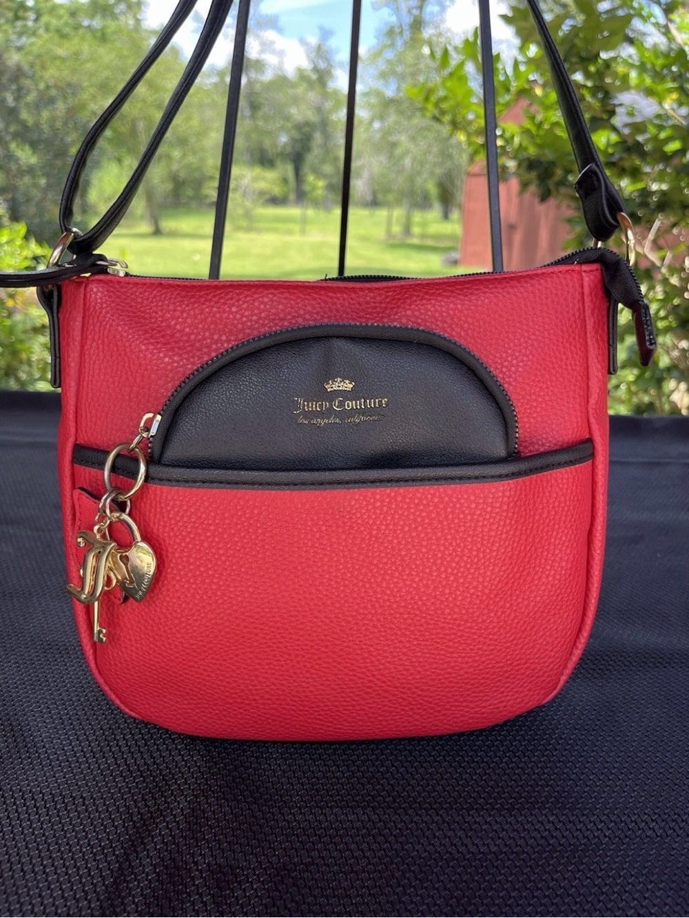 VintageY2K Juicy Couture Red and Black Logo Crossbody with Heart Lock Charm Gold